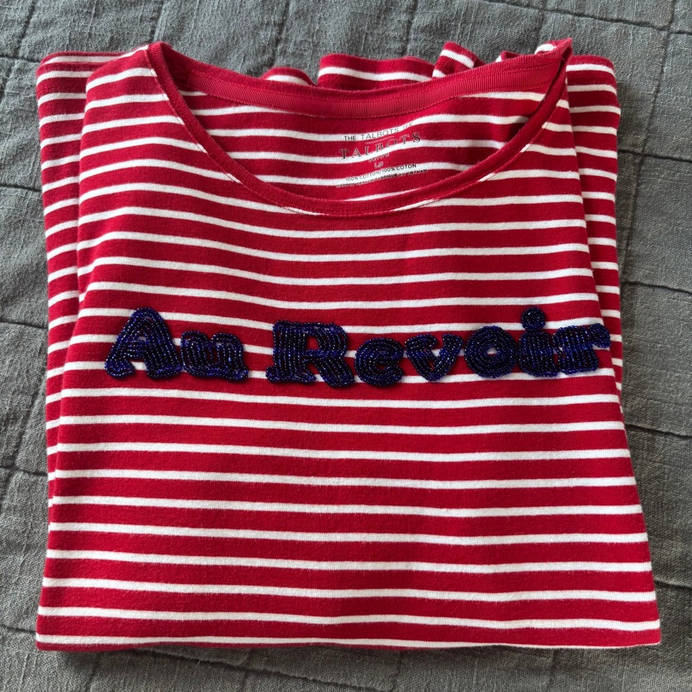 Talbots the Talbots Tee Red White Striped 3/4 sleeve Petite L beaded Au Revoir